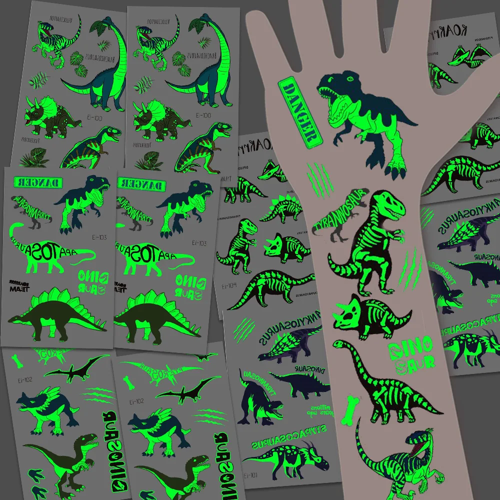 10 Sheets Glow in The Dark Dinosaur Temporary Tattoos – Party Favors & Kids Gifts - Image 2