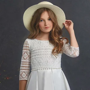 Customized Flower Girl Dress White Satin Lace A-line Wedding Elegant Litter Flower Child's First Eucharist Birthday Party Dress