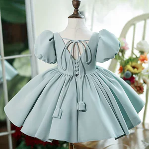 New Bubble Sleeves Solid Color Girl's Birthday Party Dress Children's Host Princess Dress Flower Children's Wedding Puffy Dress