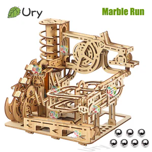 Ury 3D Wooden Puzzles Electric Catapult Track Device Marble Run Set Mechanical Model Science Maze 7 Balls Assembly Gift