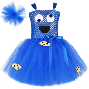 Red Blue Cookie Costume Kids Fancy Halloween Carnival Party Monster Dress Up Clothes Baby Girls Anime Cartoon Tulle Tutu Dress