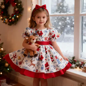 2026 New Year Dress For Baby Girls Princess Dress Red Patchwork Xmas Gift Deer Print Christmas Dresses Christmas Gift For Girls