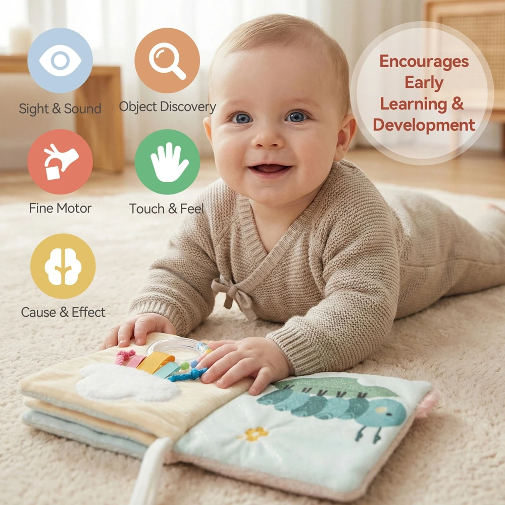 3D Plush Baby Cloth Book With Teether Ring Montessori Sensory Crinkle Book For Newborns 0 36 Months Washable Baby Sensory Toys - Image 3