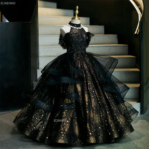 Kids Girls Black Birthday Party Dress Children Puffy Tulle Princess Performance Fashion Show Pageant Dresses Gown for Host Piano