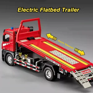 1:24 Electric Flatbed Trailer Cement Pump Truck Model Toys Diecast Alloy Car Doors Opened Sound Light Vehice Children's Boy Gift