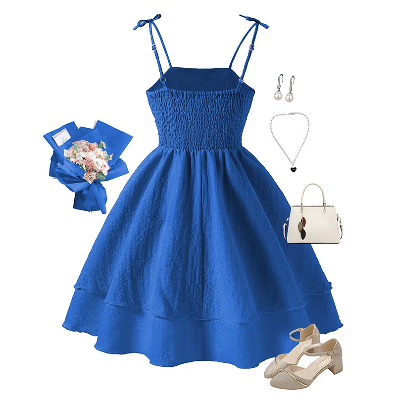 Summer New Kids Clothing Solid Color Sling Princess Dress For Girls 8-12 Years Sweet Style Vacation Set Birthing Party Clothing - Image 2