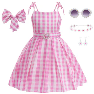 Pink Costume Girls Party Dress Doll Movie Dress Up Outfit Pink Gingham Dress For Kids Birthday Halloween Carnival Clothes Childr
