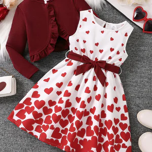 Spring Autumn Casual Cute Girl Two-Piece Set Red Vest Heart-Shaped Floral Skirt Fashion Outfit for Girls