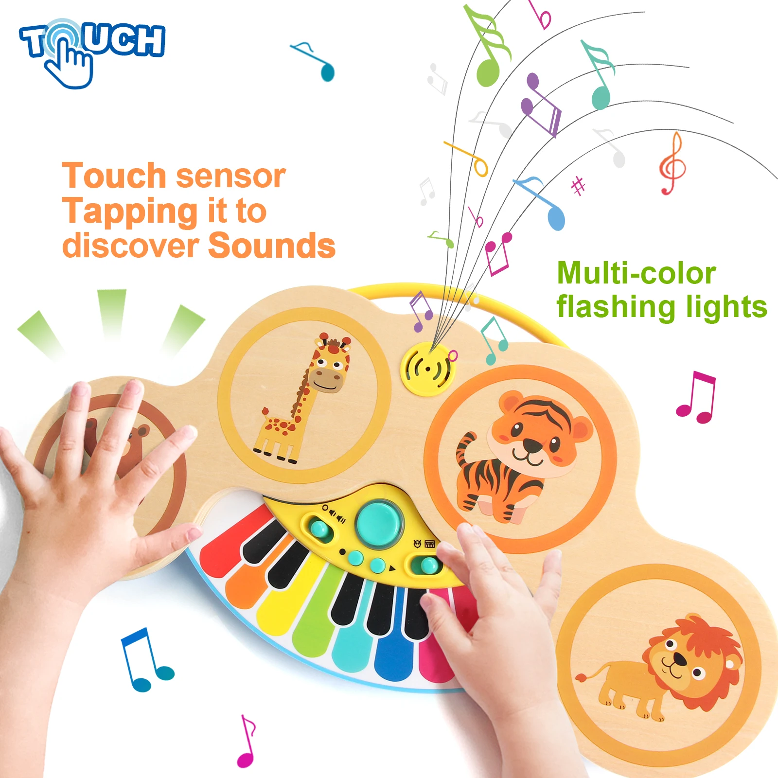 Wooden 2in1 Keyboard Piano Clapping Drum with Light and Music Cartoon Animals Music Toys Educational Toys for Baby Gifts - Image 3
