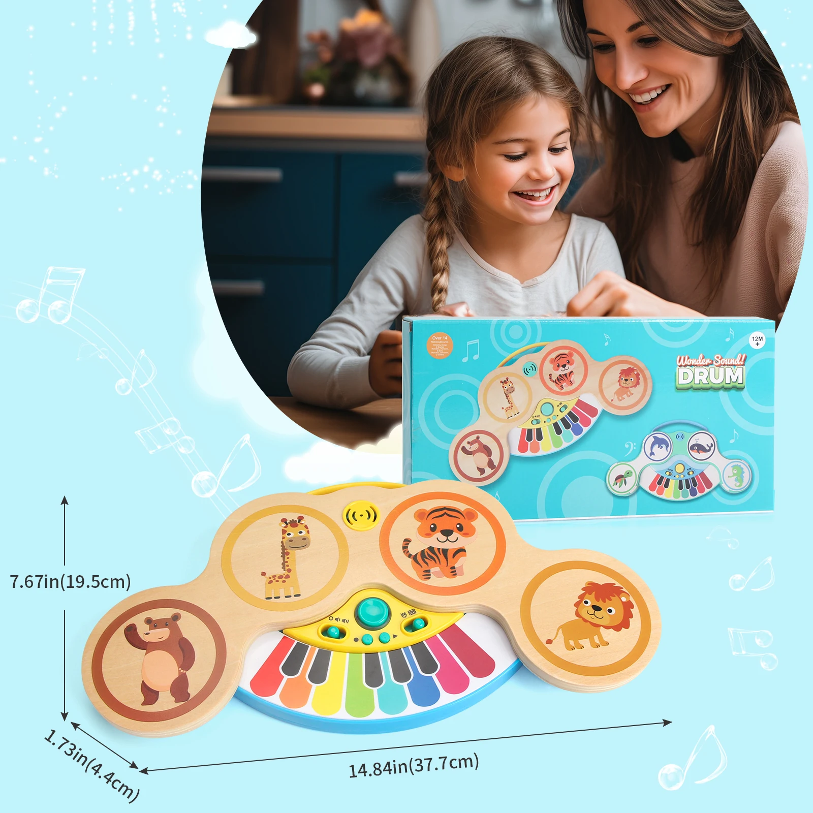 Wooden 2in1 Keyboard Piano Clapping Drum with Light and Music Cartoon Animals Music Toys Educational Toys for Baby Gifts - Image 6