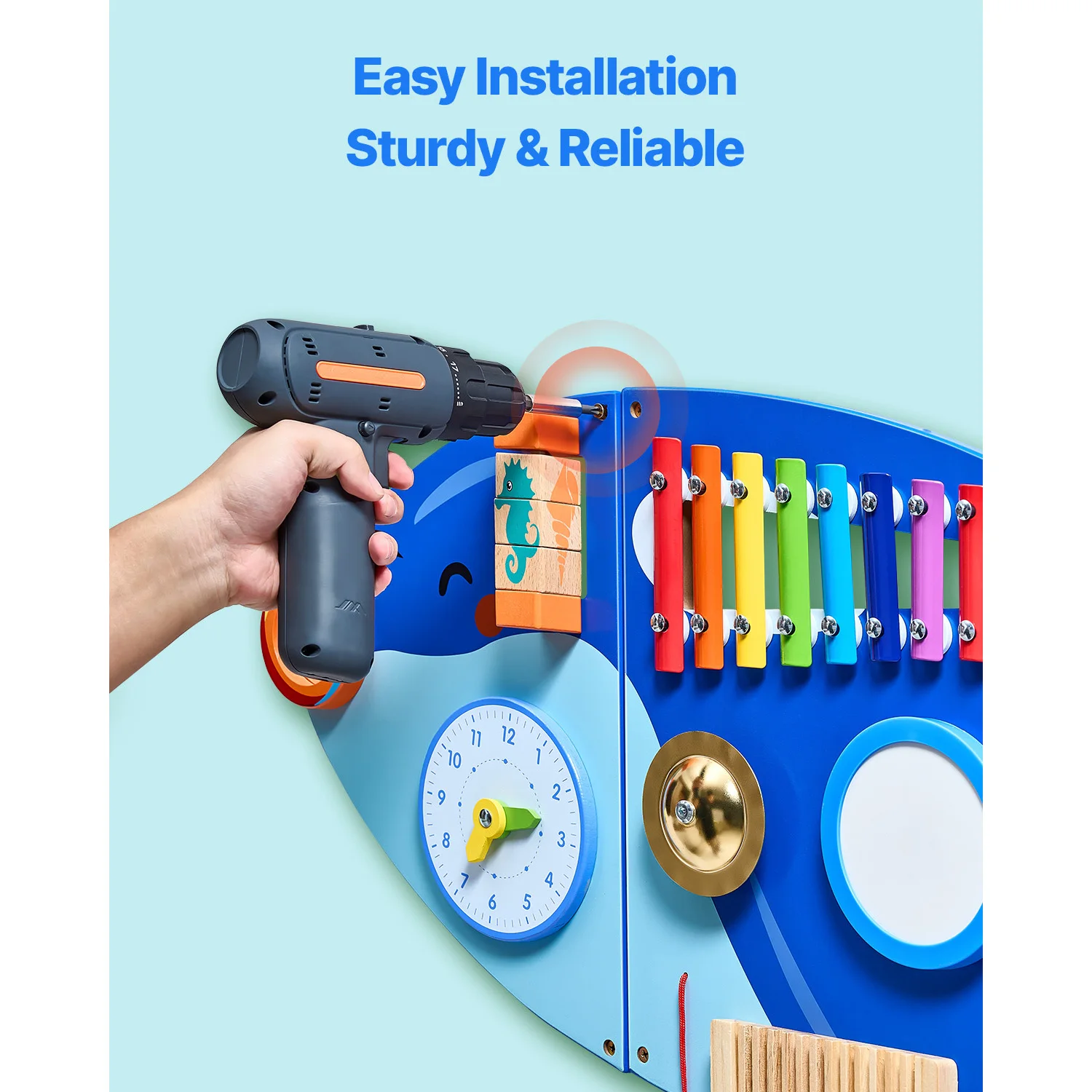 SucceBuy Orca Kids Wall Busy Board 12 Activities Hanging Panels Montessori Sensory Learning Toys for Toddler 3-12 Play Toys - Image 5