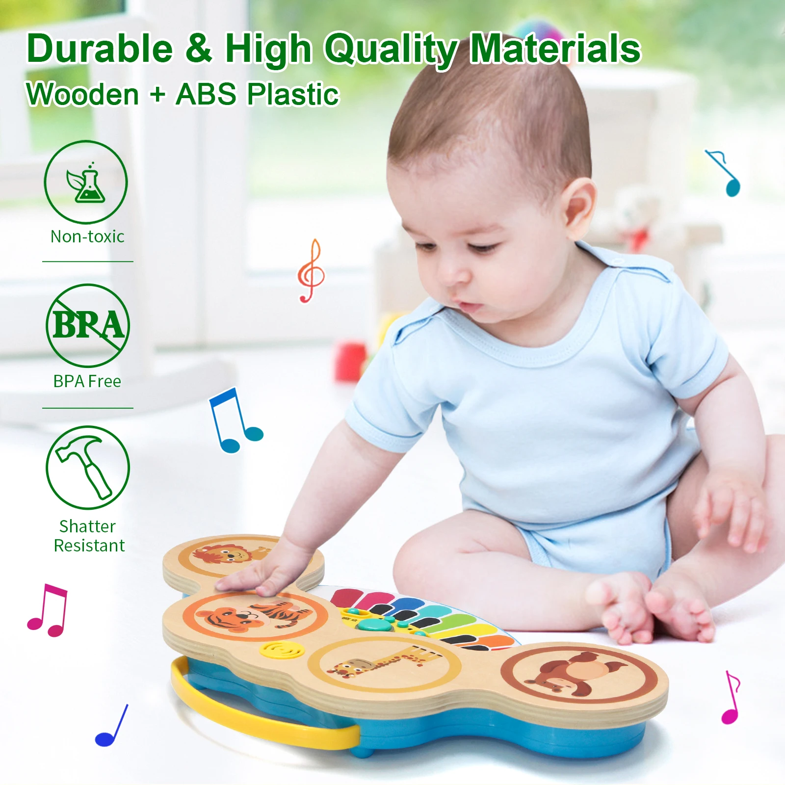 Wooden 2in1 Keyboard Piano Clapping Drum with Light and Music Cartoon Animals Music Toys Educational Toys for Baby Gifts - Image 4