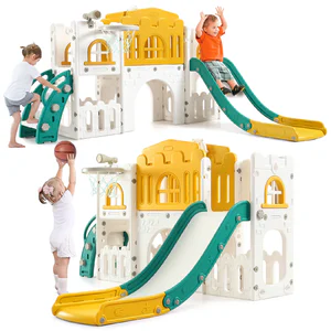 8 in 1 Toddler Slide Indoor Playground, Indoor Slide Toddler Playset for Toddlers Kids Outdoor Playground with Basketball Hoop,