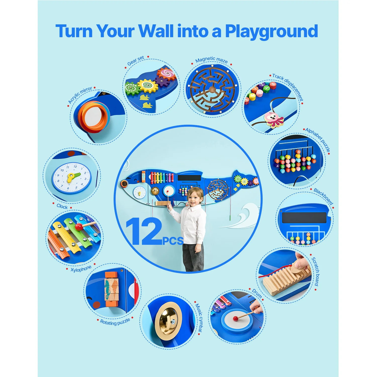 SucceBuy Orca Kids Wall Busy Board 12 Activities Hanging Panels Montessori Sensory Learning Toys for Toddler 3-12 Play Toys - Image 2