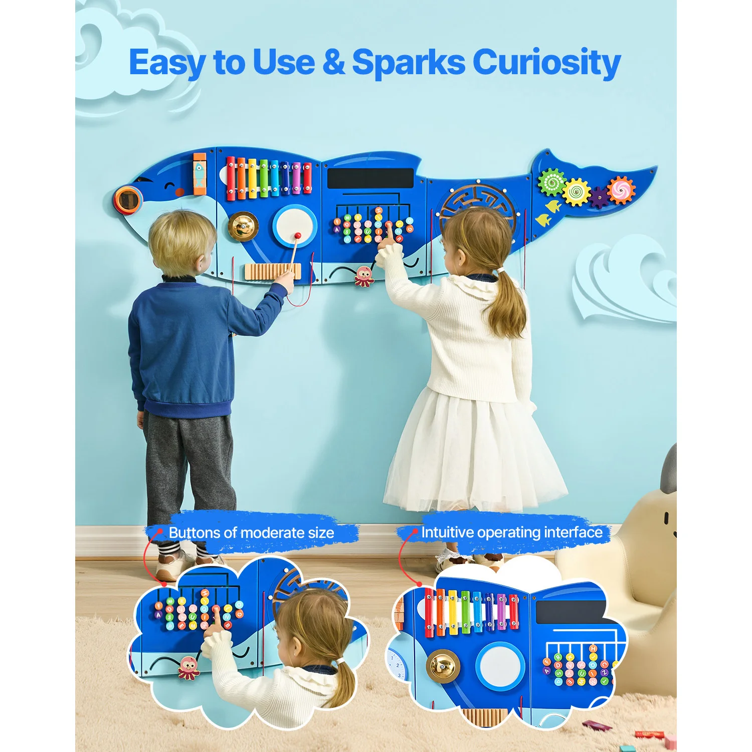 SucceBuy Orca Kids Wall Busy Board 12 Activities Hanging Panels Montessori Sensory Learning Toys for Toddler 3-12 Play Toys - Image 4