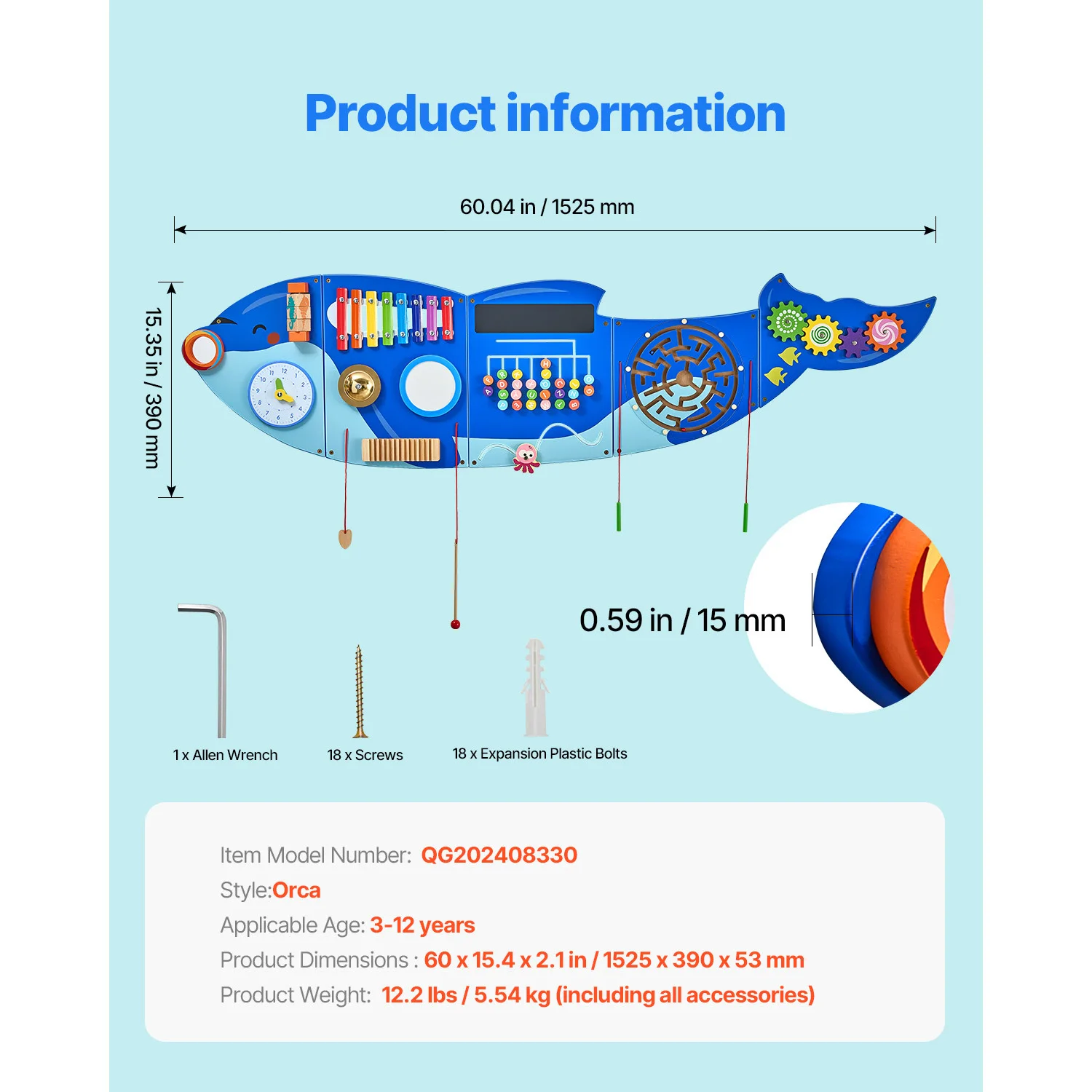 SucceBuy Orca Kids Wall Busy Board 12 Activities Hanging Panels Montessori Sensory Learning Toys for Toddler 3-12 Play Toys - Image 6
