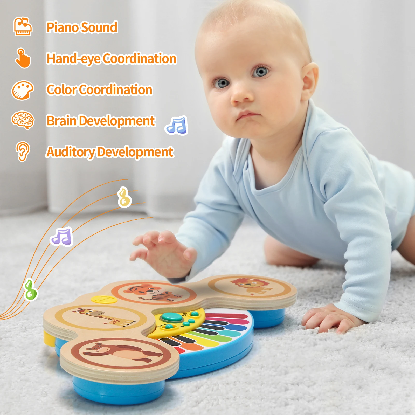 Wooden 2in1 Keyboard Piano Clapping Drum with Light and Music Cartoon Animals Music Toys Educational Toys for Baby Gifts - Image 5