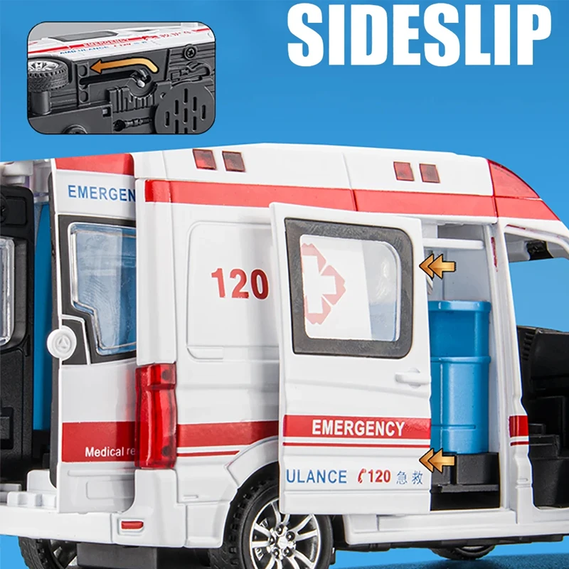 1:24 Alloy Ambulance Model Simulation Pull-back Sound and Light Die-cast Alloy Car Toy Set Children's Birthday Gift - Image 2
