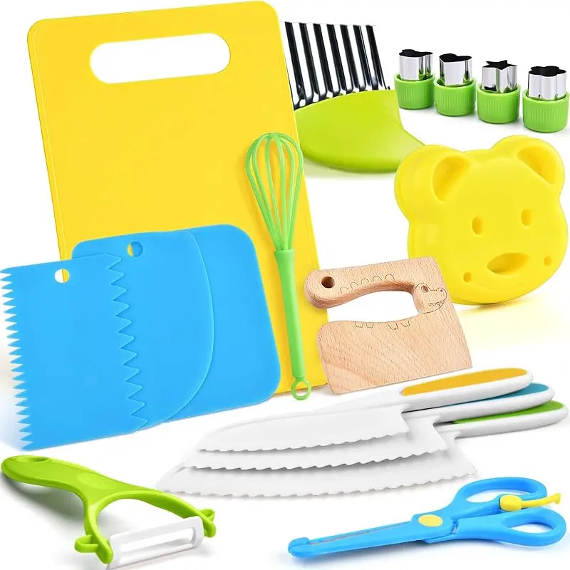 11/17Pcs Montessori Kitchen Tools Set Cookware Baking Toy Kids Safe Knives With Cutting Board Toddlers Real Cooking Accessories