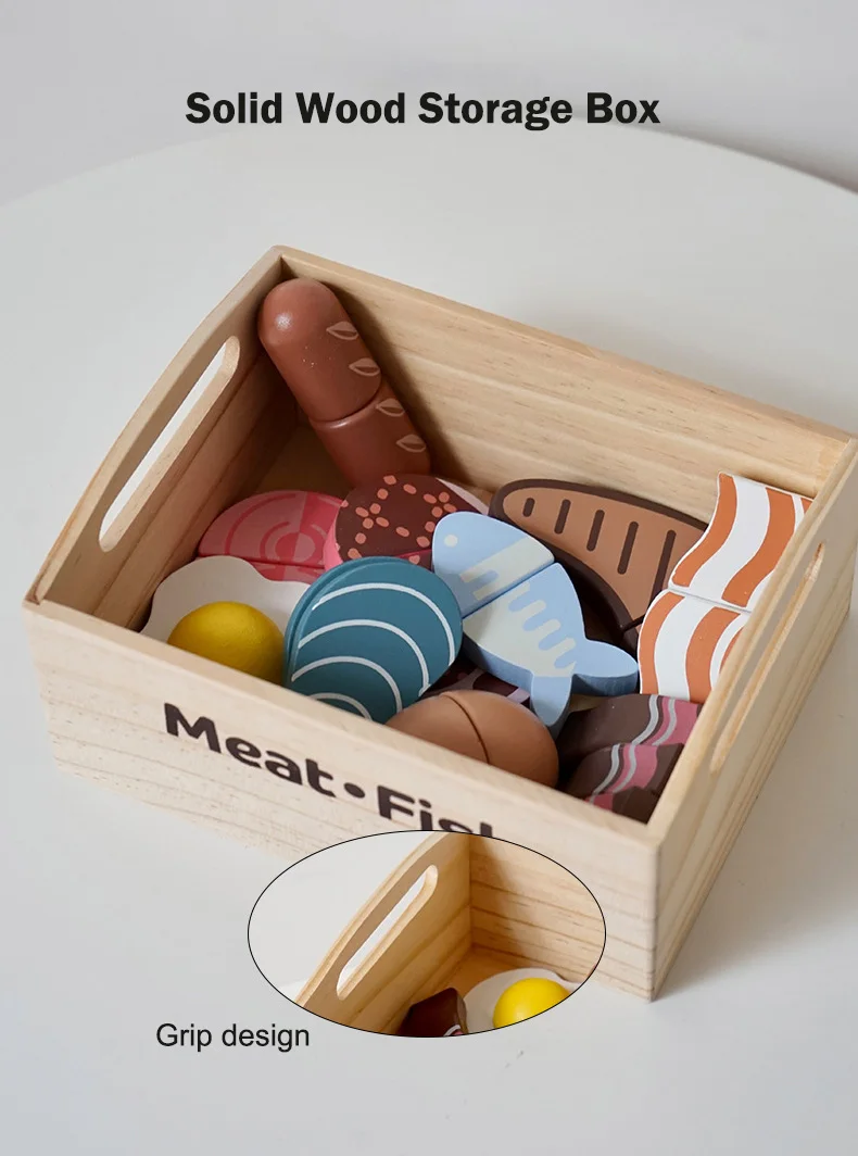 Wooden Pretend Play Kitchen Toys Cutting Food Accessories Set Fruit Vegetable Bakery Meat fish Early Educational Cognition Toys - Image 21