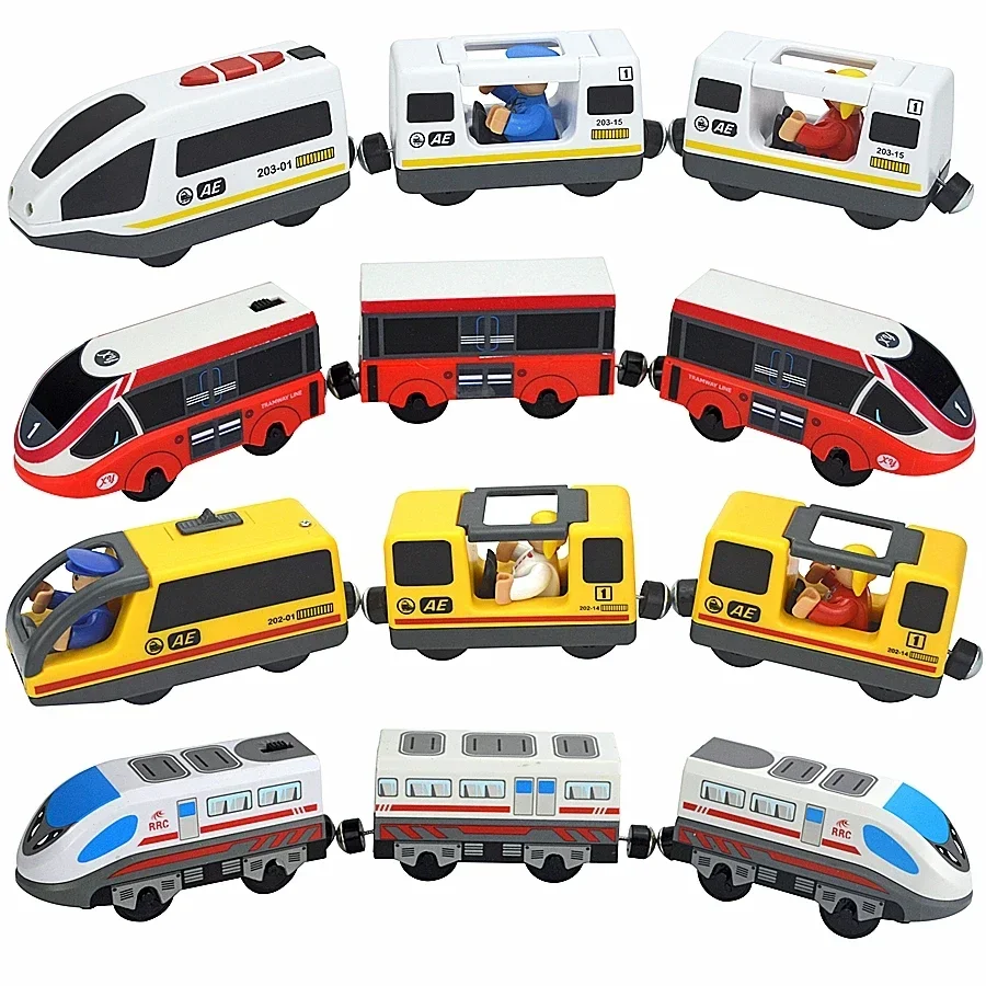 Magnetic Electric Train Car Locomotive Wooden Track Slot Diecast Railway With Two Carriages Train Wood Kid Toy Biro Leduo Track - Image 5