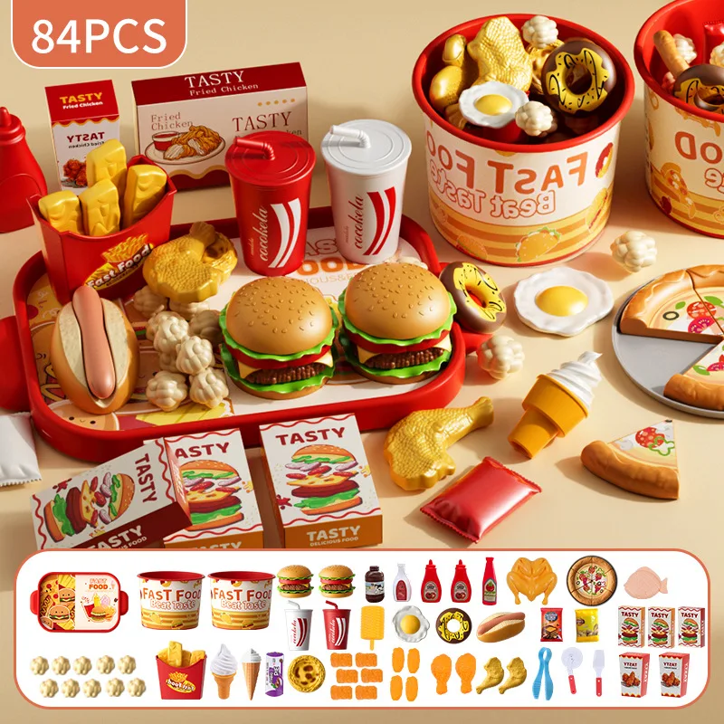 Kid Kitchen Toy Set Simulation Make Hamburger Pizza Fries Pretend Play Food Cooking Cutting Game Montessori Interactive Toy Gift - Image 7