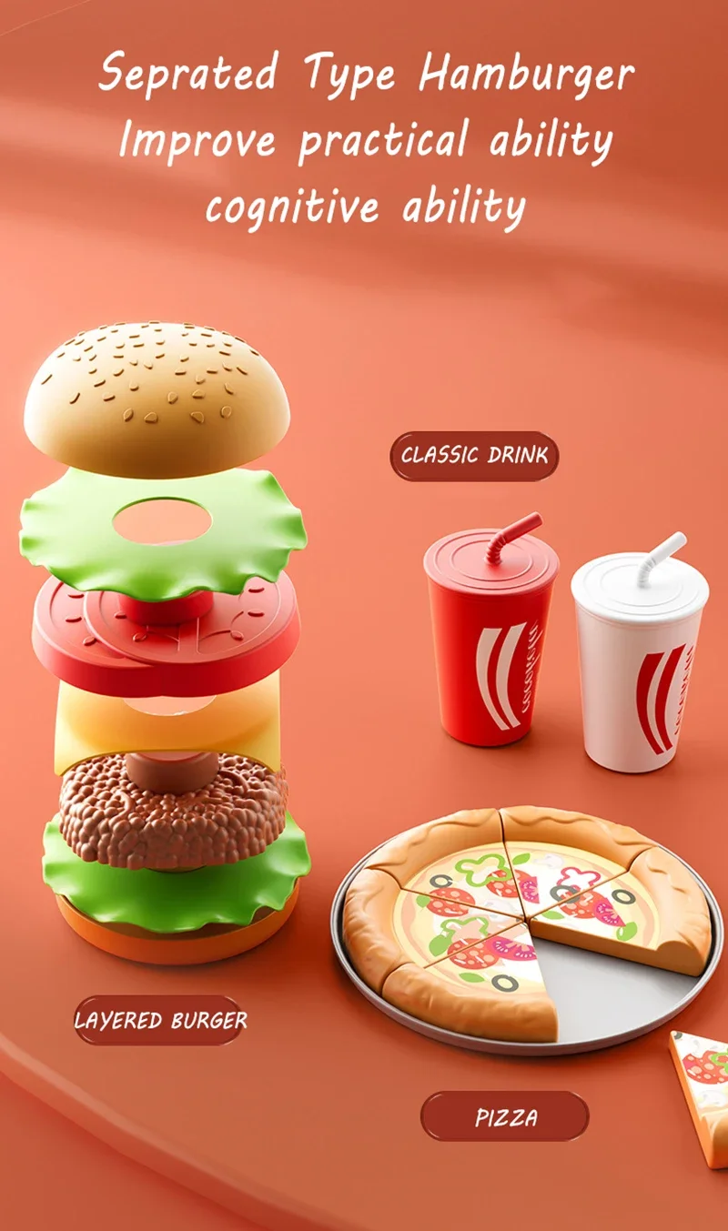 Kid Kitchen Toy Set Simulation Make Hamburger Pizza Fries Pretend Play Food Cooking Cutting Game Montessori Interactive Toy Gift - Image 12