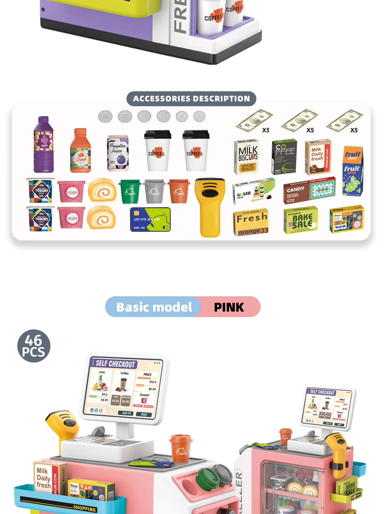 Mini Pretend Play Children's Toy Supermarket Shopping Counter Coffee Vending Counter Set - Image 19