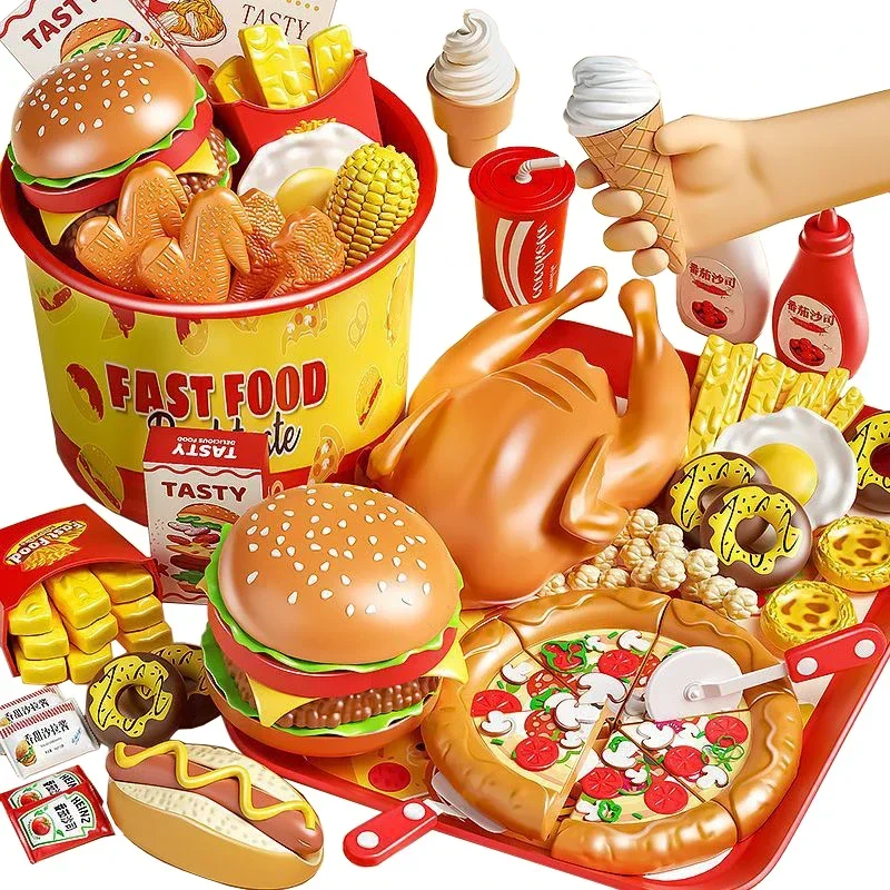 Kid Kitchen Toy Set Simulation Make Hamburger Pizza Fries Pretend Play Food Cooking Cutting Game Montessori Interactive Toy Gift - Image 2