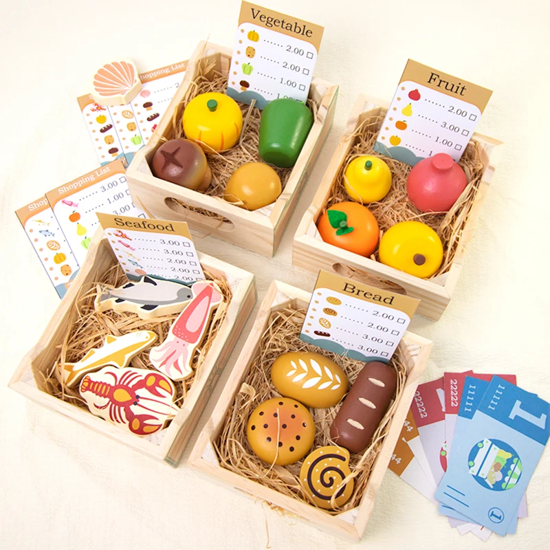 Wooden Pretend Play Kitchen Toys Cutting Food Accessories Set Fruit Vegetable Bakery Meat fish Early Educational Cognition Toys - Image 11