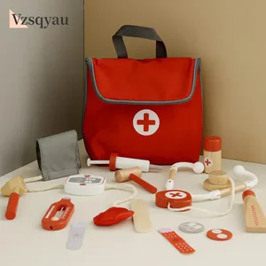 Doctor Toys for Children Set Kids Wooden Pretend Play Kit Games for Girls Boys Red Medical Dentist Medicine Box Cloth Bags Gifts