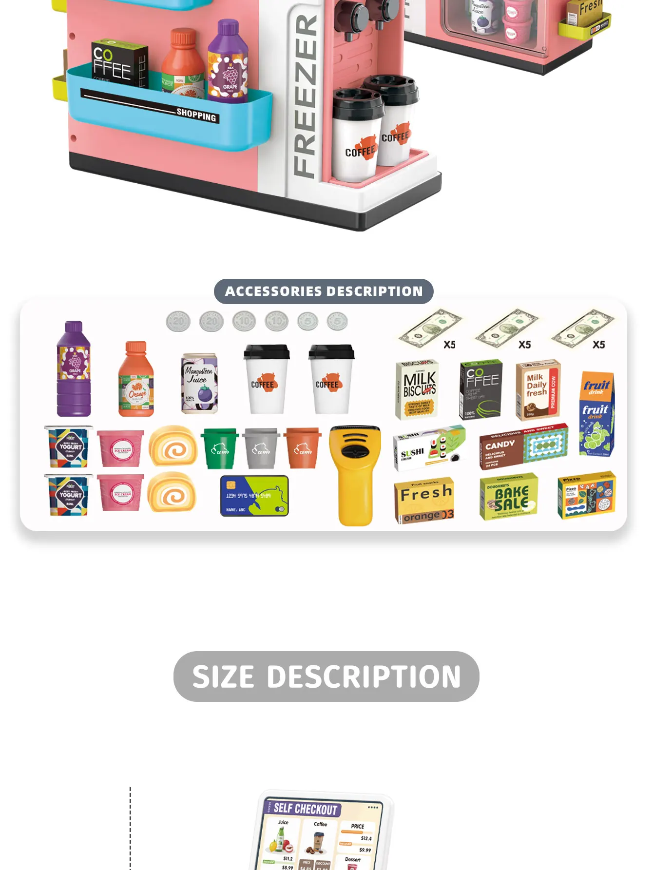 Mini Pretend Play Children's Toy Supermarket Shopping Counter Coffee Vending Counter Set - Image 20