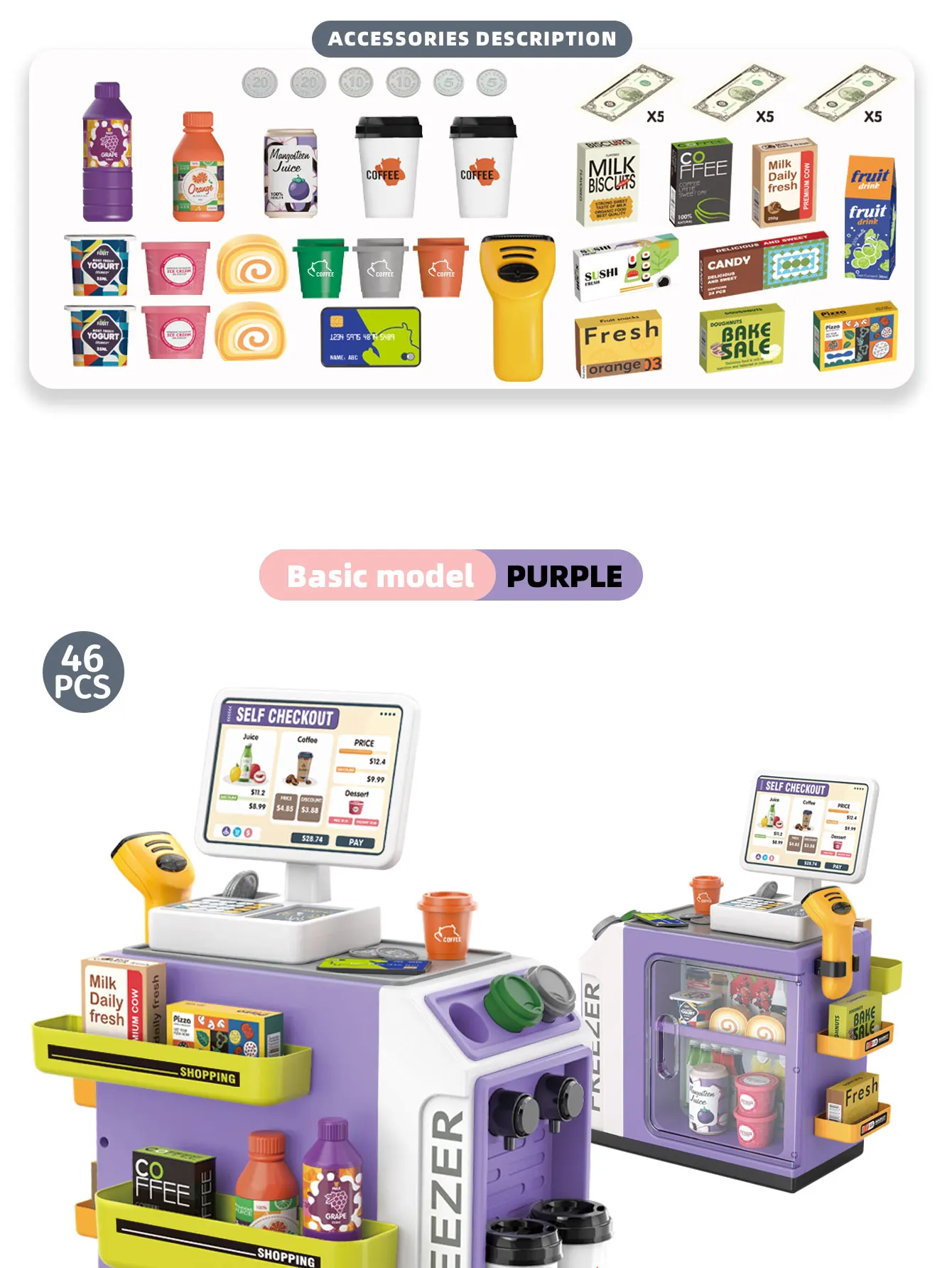 Mini Pretend Play Children's Toy Supermarket Shopping Counter Coffee Vending Counter Set - Image 18