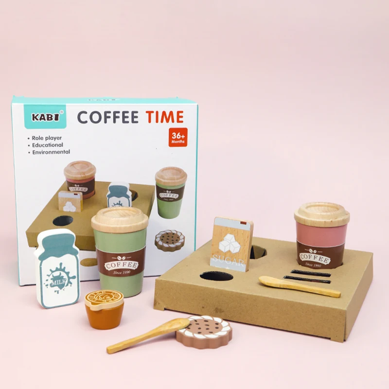 Kids Wooden Coffee Toy Set Toddler Pretend Play Kitchen Accessories Gift for Children House Play Early Educational Toys for Kids
