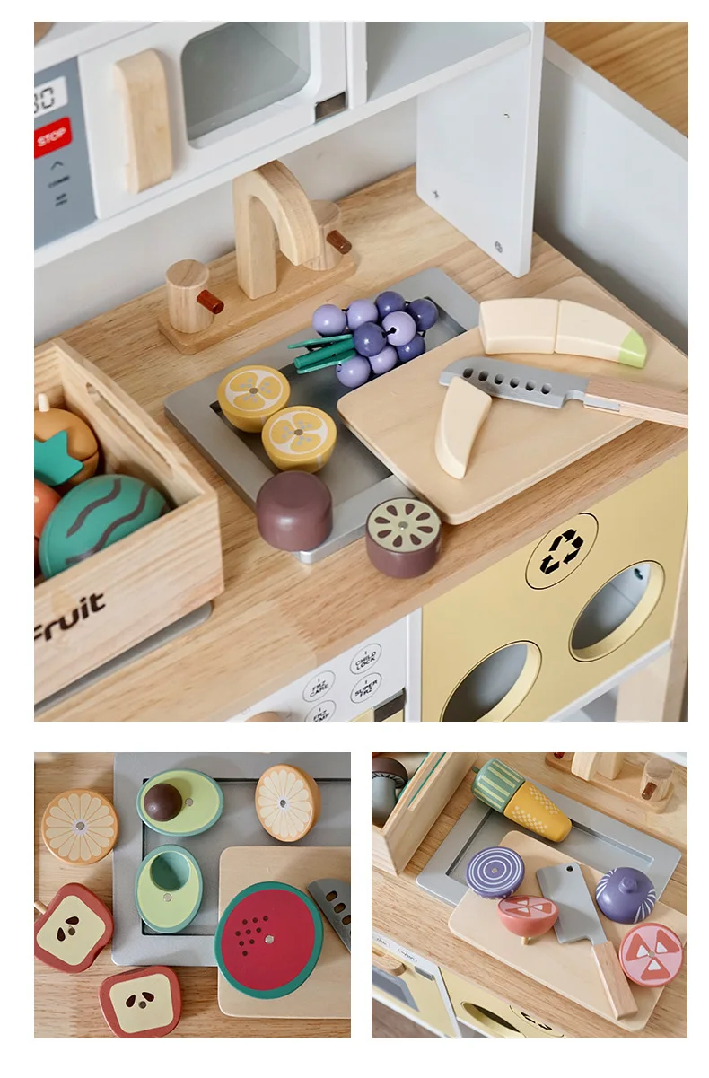 Wooden Pretend Play Kitchen Toys Cutting Food Accessories Set Fruit Vegetable Bakery Meat fish Early Educational Cognition Toys - Image 19