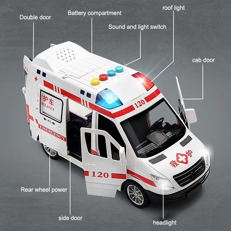 1:24 Alloy Ambulance Model Simulation Pull-back Sound and Light Die-cast Alloy Car Toy Set Children's Birthday Gift - Image 5