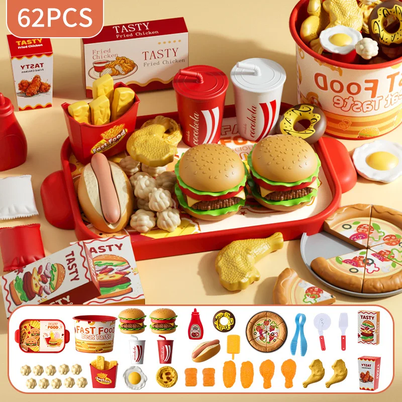 Kid Kitchen Toy Set Simulation Make Hamburger Pizza Fries Pretend Play Food Cooking Cutting Game Montessori Interactive Toy Gift - Image 8