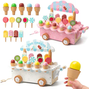 Wooden Ice Cream Girl Toy Kitchen Pretend Play Toys Kitchen Accessories Simulation Ice Cream Shop Montessori Education Toy Gifts
